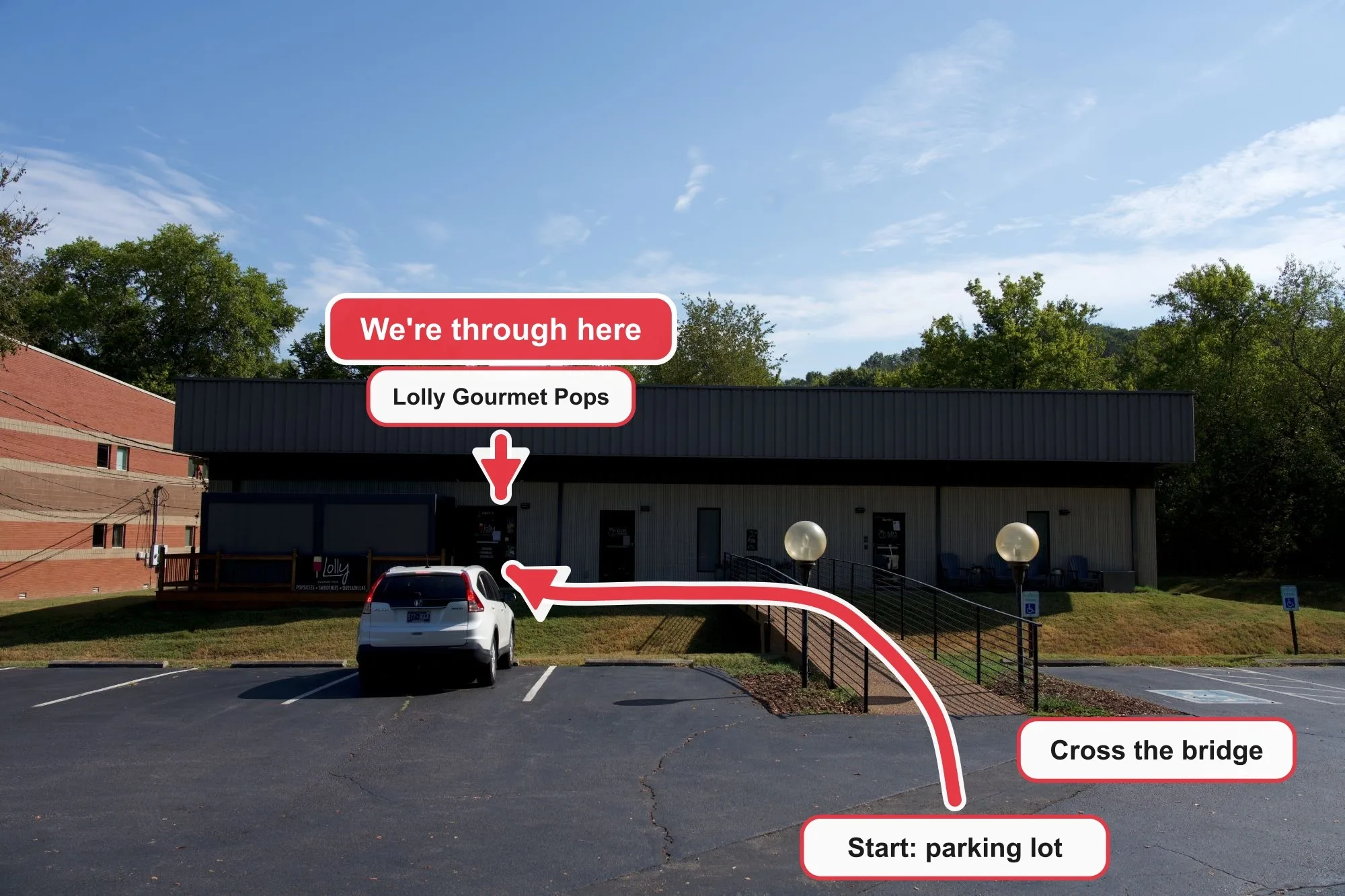 The building from the parking lot. An arrow runs from the parking lot, across the ramp, to the Lolly Gourmet Pops door at the left end of the building, marked "We're through here".