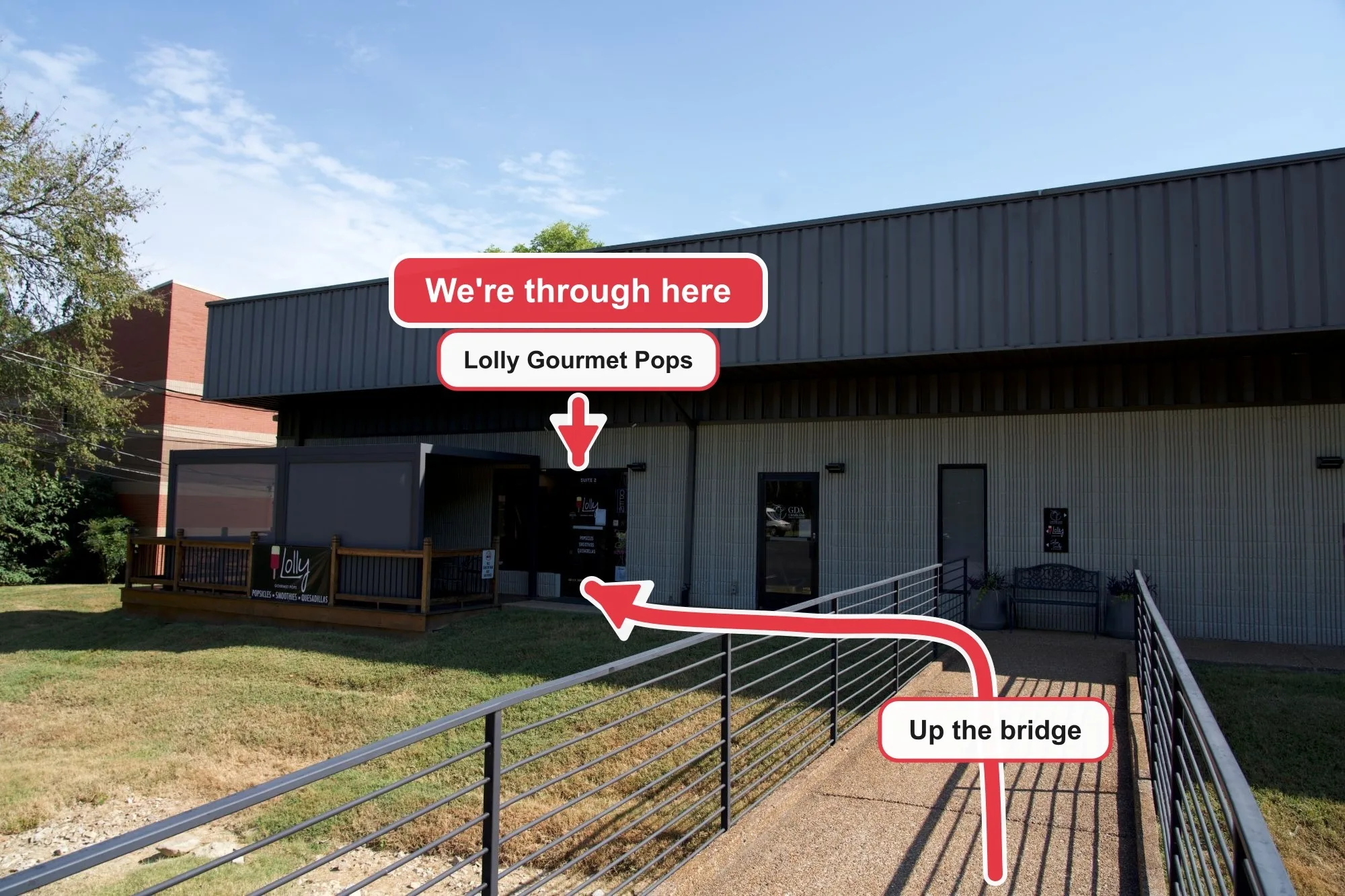 The view from the ramp. An arrow goes up the ramp and turns left to the Lolly Gourmet Pops door, marked "We're through here".