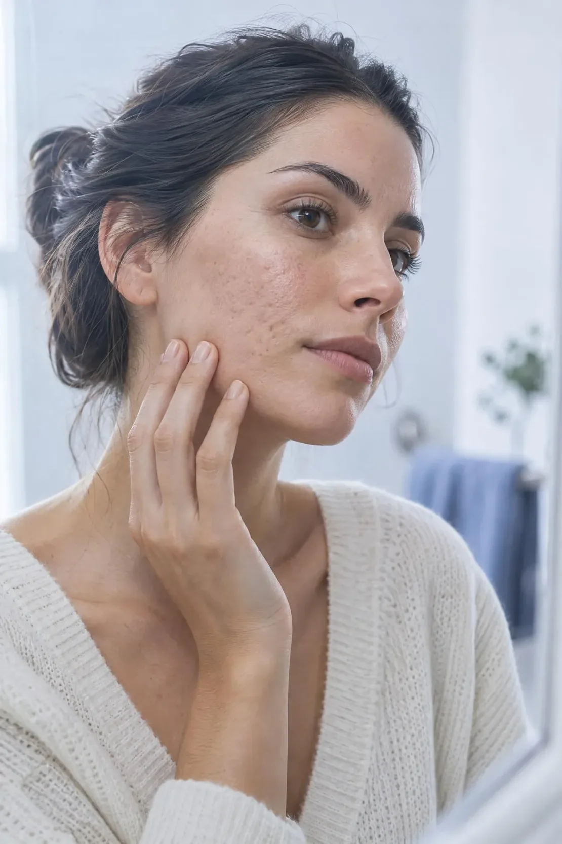 Close view of acne scarring and post-acne marks on adult cheek skin reviewed at Williamson Aesthetics & Wellness