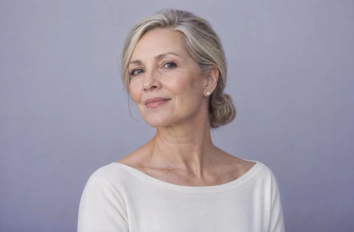 Woman touching her softer jawline in a mirror before jowls treatment at Williamson Aesthetics & Wellness in Franklin, TN
