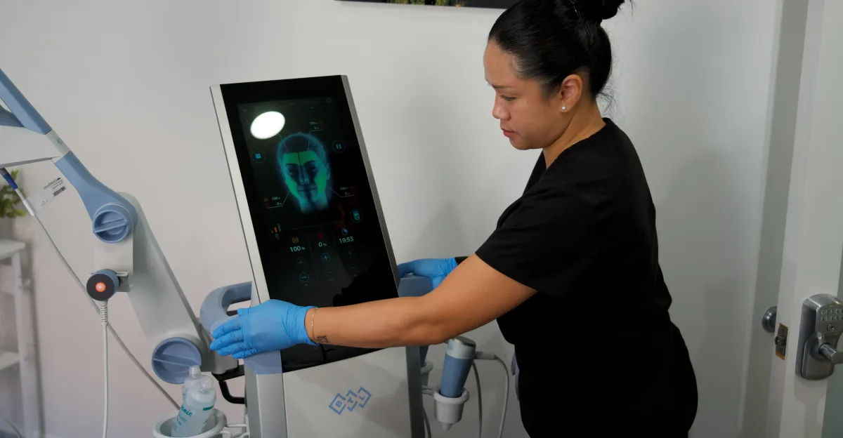 Client receiving RF microneedling with the Exion applicator at Williamson Aesthetics & Wellness in Franklin, TN